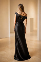 Satin Sheath Off Shoulder Thin Strap Zipper-Back Long Wedding Guest Dress