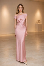 Satin Sheath Off Shoulder Thin Strap Zipper-Back Long Wedding Guest Dress