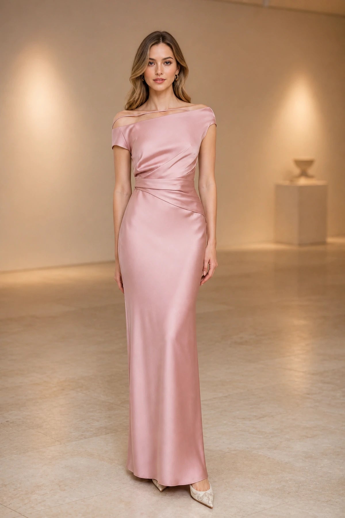 Satin Sheath Off Shoulder Thin Strap Zipper-Back Long Wedding Guest Dress