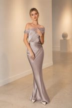 Satin Sheath Off Shoulder Thin Strap Zipper-Back Long Wedding Guest Dress