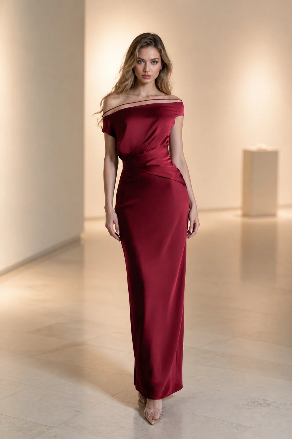 Satin Sheath Off Shoulder Thin Strap Zipper-Back Long Wedding Guest Dress