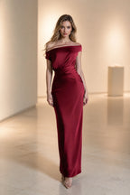 Satin Sheath Off Shoulder Thin Strap Zipper-Back Long Wedding Guest Dress