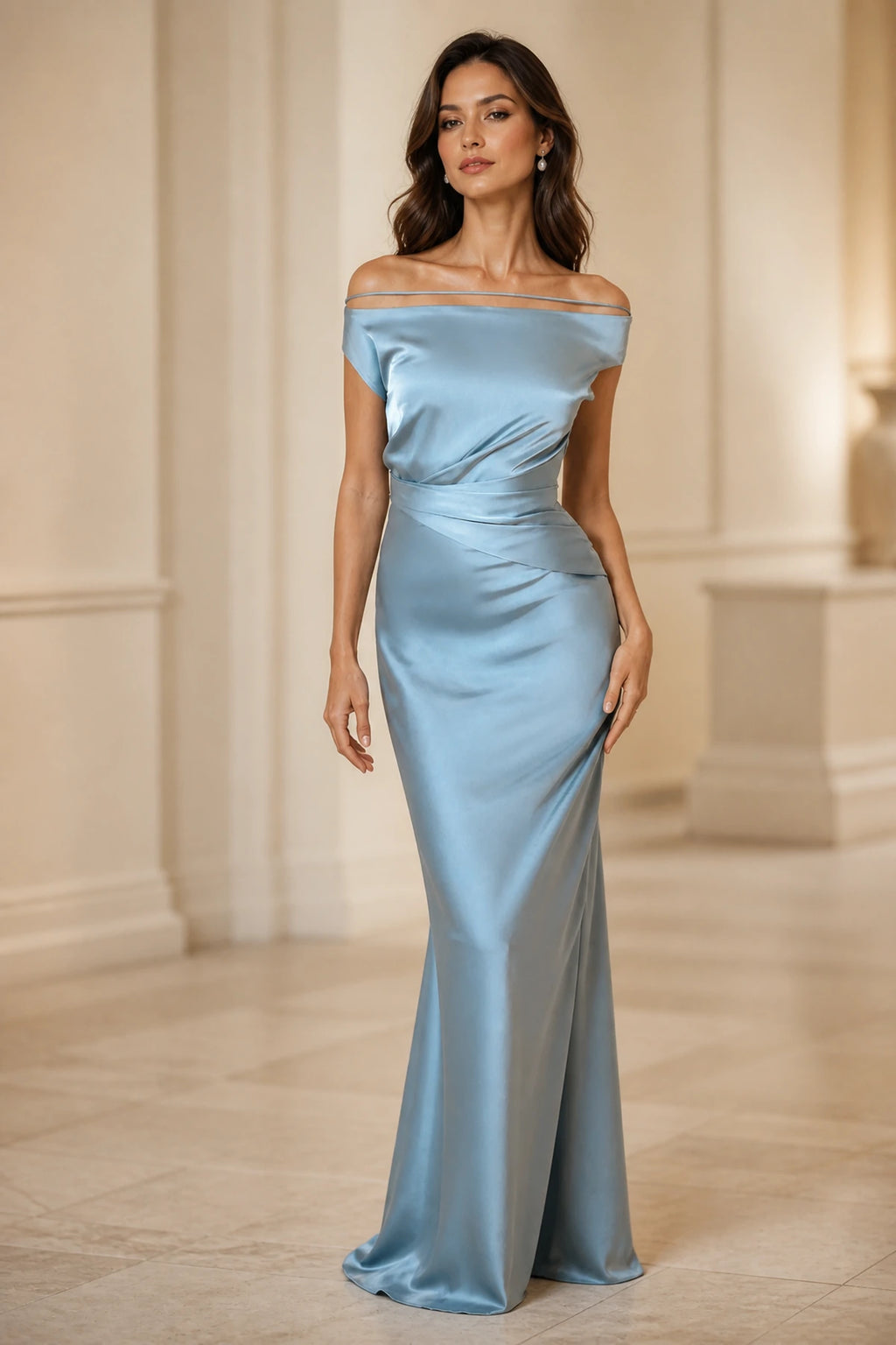 Satin Sheath Off Shoulder Thin Strap Zipper-Back Long Wedding Guest Dress