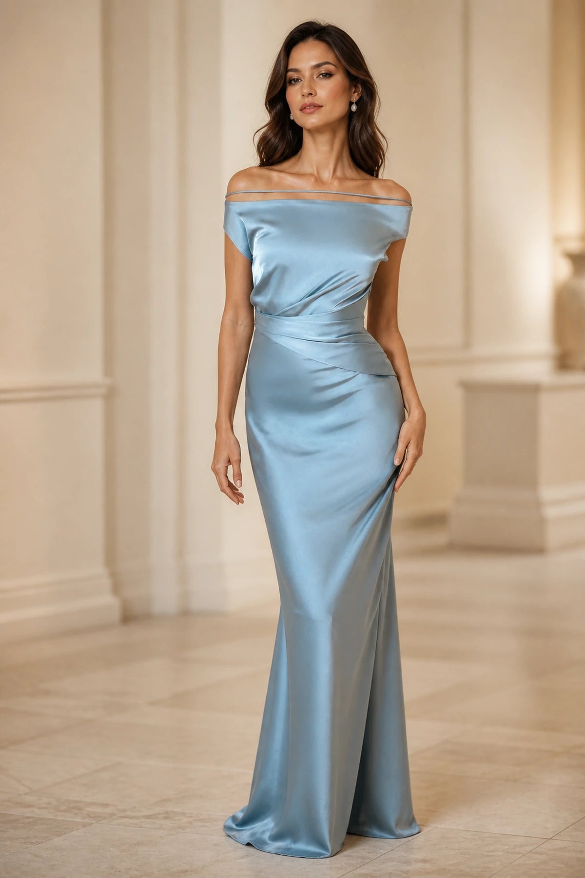 Satin Sheath Off Shoulder Thin Strap Zipper-Back Long Wedding Guest Dress