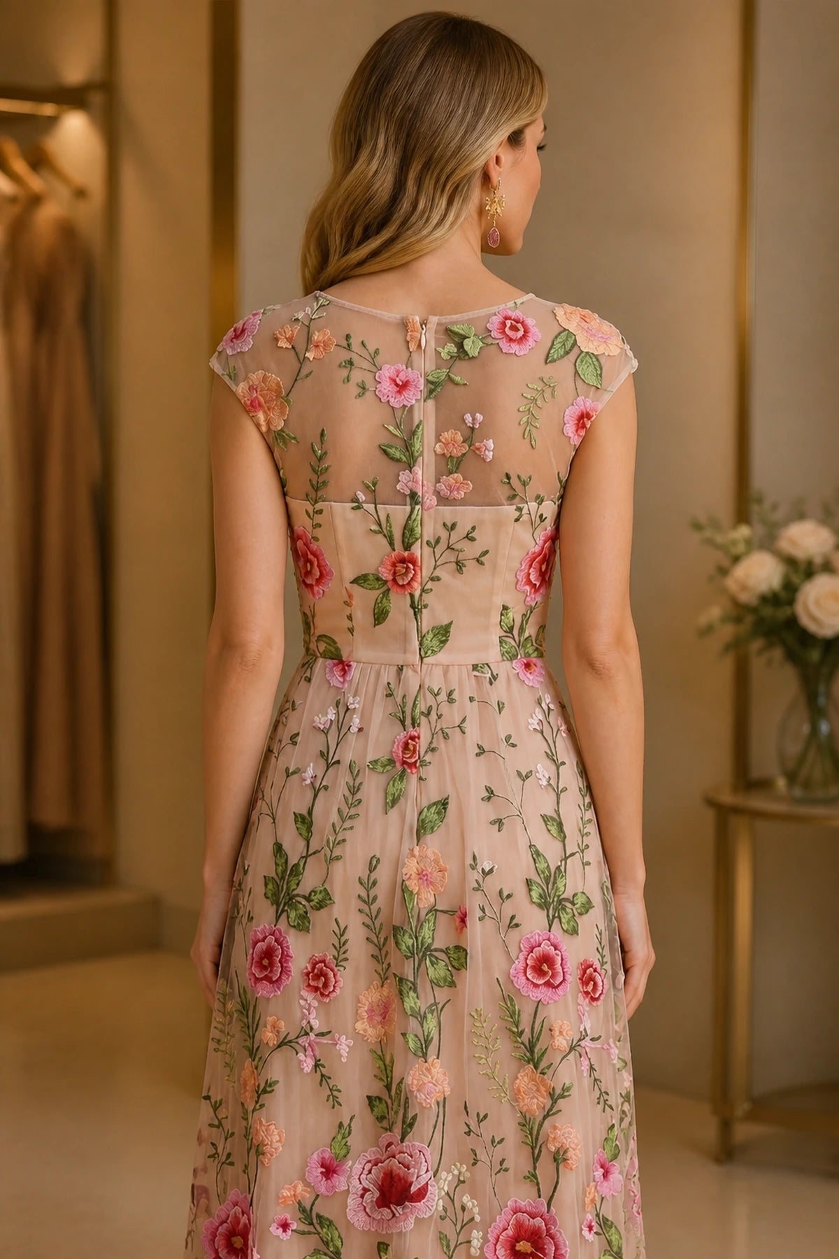 Back view Graceprom floral embroidered A-line formal wedding guest dress with cap sleeves and center zipper closure