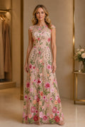 - Graceprom blush tulle wedding guest gown with round neck, cap sleeves and vibrant multi-tonal floral embroidery