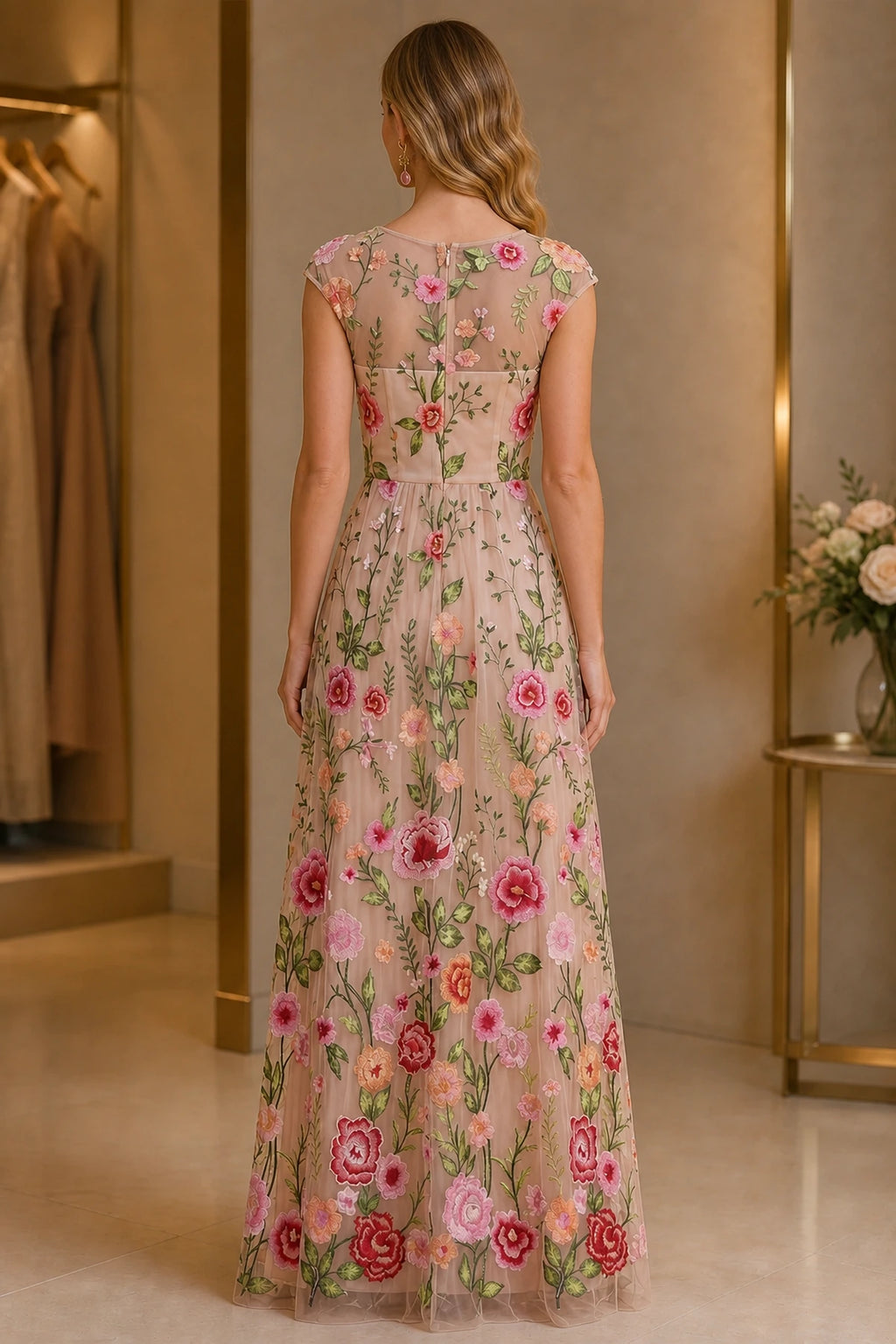 Floral Embroidery A-Line Round Neck Cap Sleeve Zipper-Back Long Wedding Guest Dress