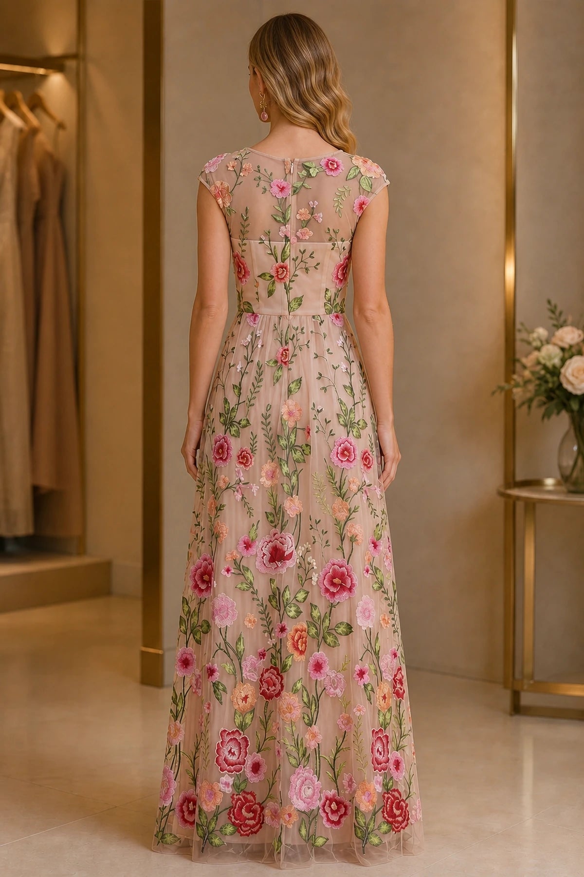 Floral Embroidery A-Line Round Neck Cap Sleeve Zipper-Back Long Wedding Guest Dress