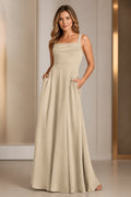 Champagne beige A-line bridesmaid dress with square neckline, wide straps and side pockets by GraceProm