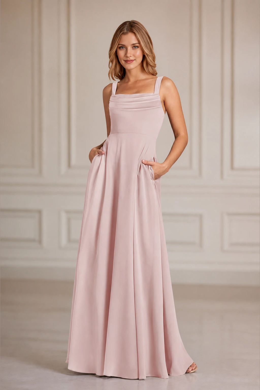 Refined A-Line Square-Neck Wide-Strap Sleeveless Zipper-Back Floor-Length Bridesmaid Dress