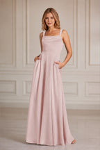 Refined A-Line Square-Neck Wide-Strap Sleeveless Zipper-Back Floor-Length Bridesmaid Dress
