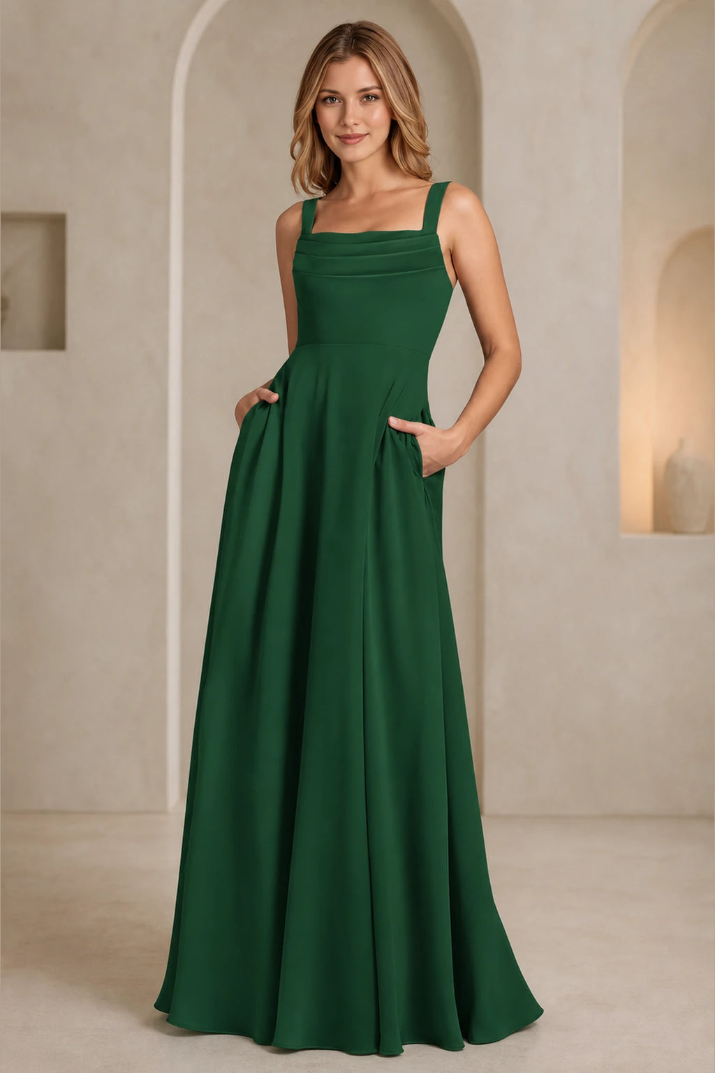 Refined A-Line Square-Neck Wide-Strap Sleeveless Zipper-Back Floor-Length Bridesmaid Dress