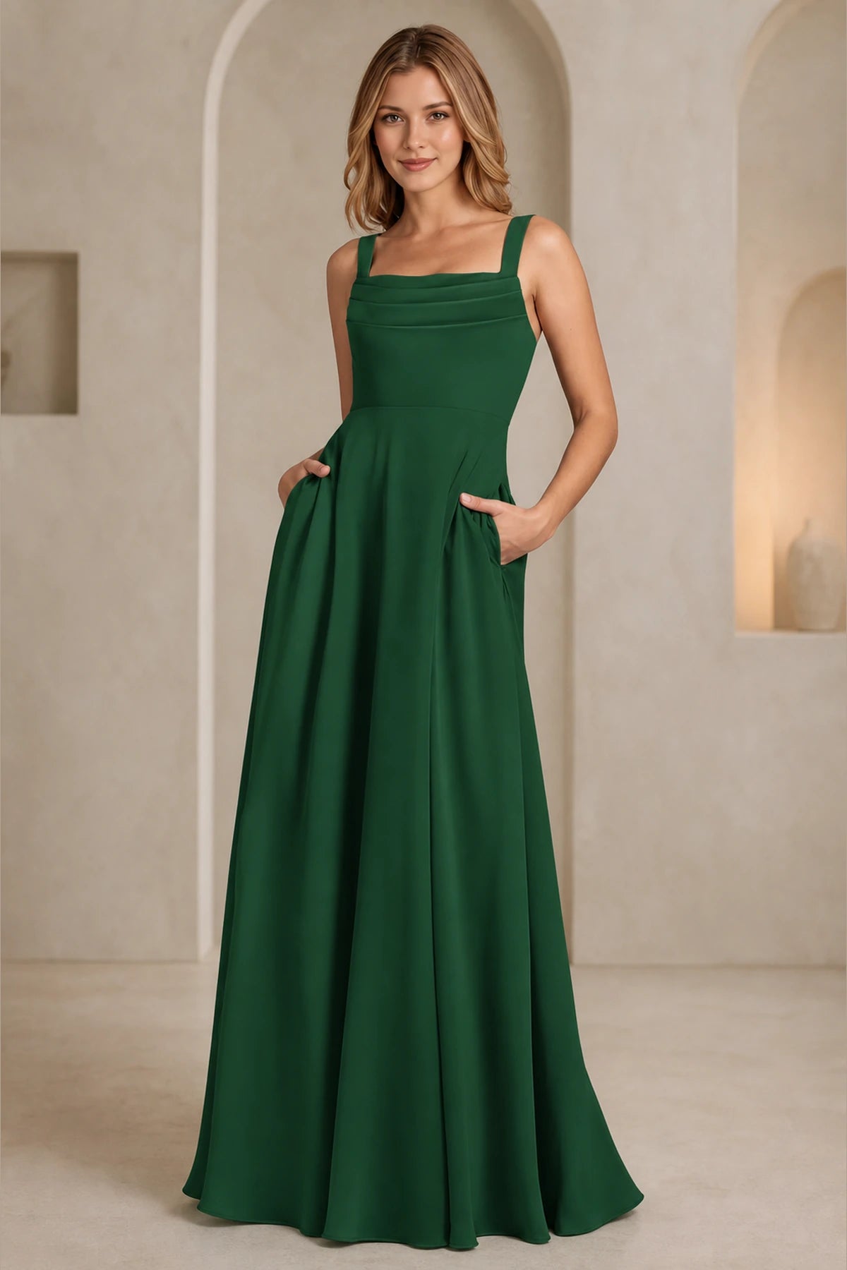 Refined A-Line Square-Neck Wide-Strap Sleeveless Zipper-Back Floor-Length Bridesmaid Dress