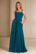 Refined A-Line Square-Neck Wide-Strap Sleeveless Zipper-Back Floor-Length Bridesmaid Dress