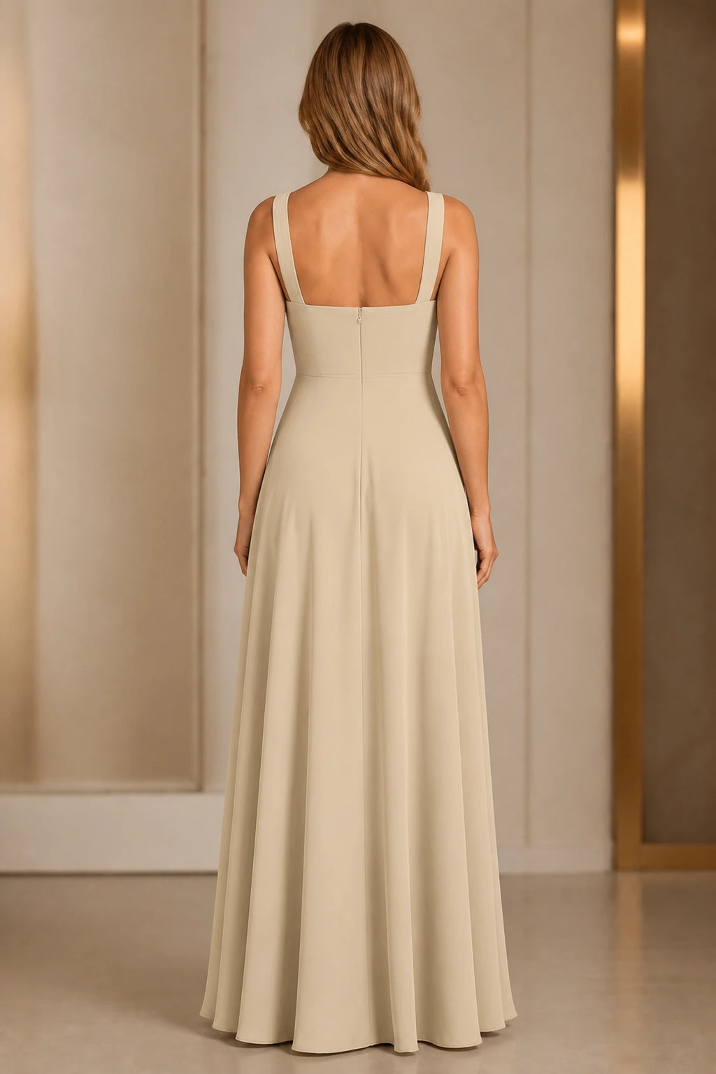 Back view of champagne beige floor-length bridesmaid dress with square back and zipper closure by GraceProm