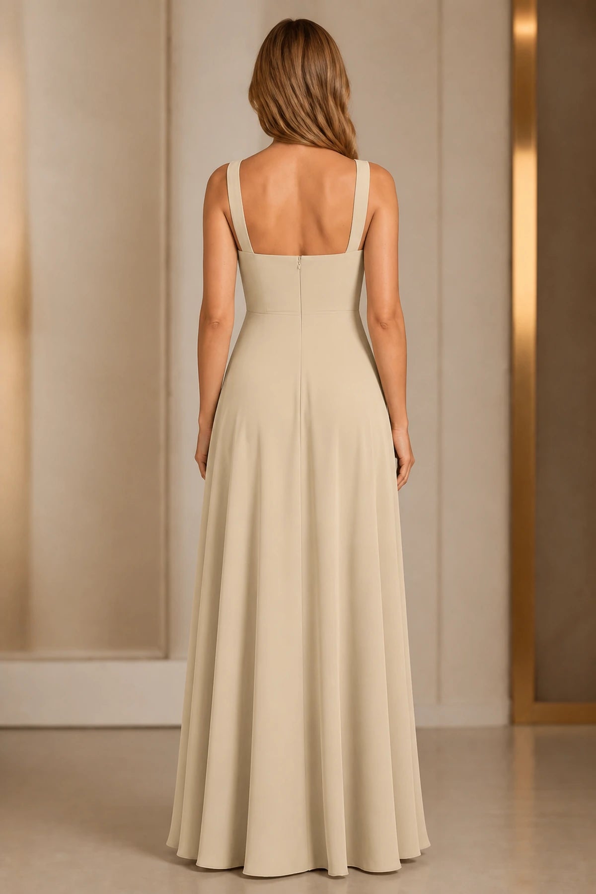 Back view of champagne beige floor-length bridesmaid dress with square back and zipper closure by GraceProm