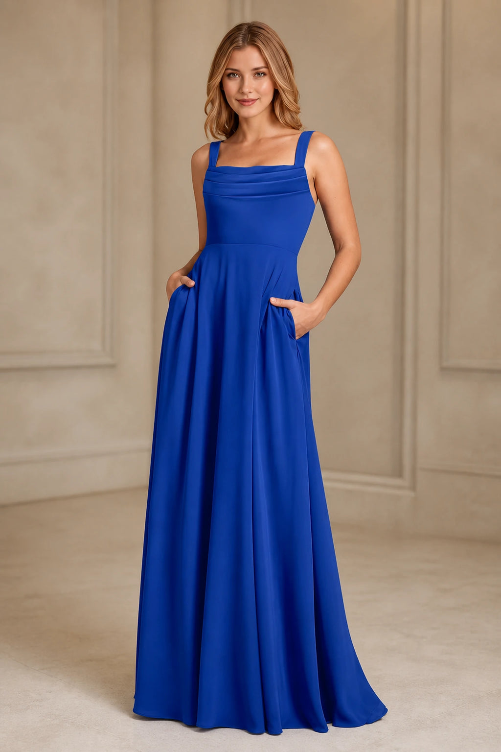 Refined A-Line Square-Neck Wide-Strap Sleeveless Zipper-Back Floor-Length Bridesmaid Dress