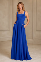 Refined A-Line Square-Neck Wide-Strap Sleeveless Zipper-Back Floor-Length Bridesmaid Dress