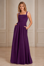 Refined A-Line Square-Neck Wide-Strap Sleeveless Zipper-Back Floor-Length Bridesmaid Dress