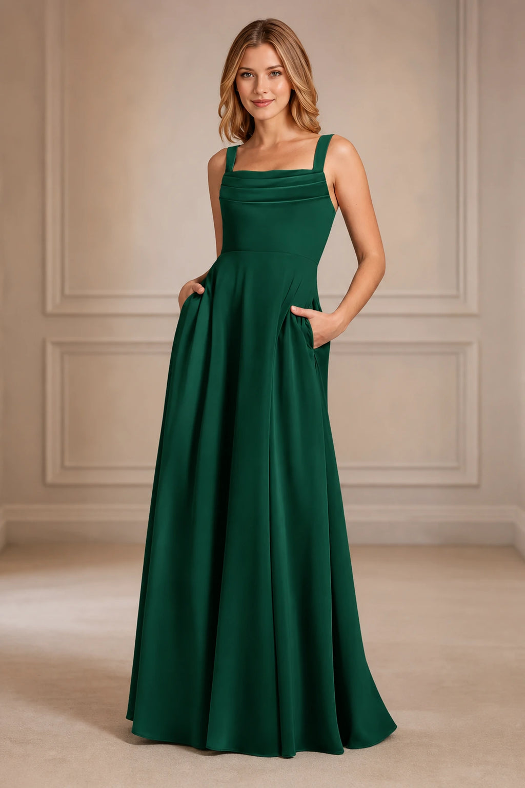Refined A-Line Square-Neck Wide-Strap Sleeveless Zipper-Back Floor-Length Bridesmaid Dress