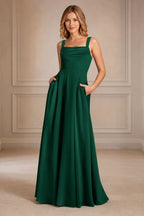 Refined A-Line Square-Neck Wide-Strap Sleeveless Zipper-Back Floor-Length Bridesmaid Dress