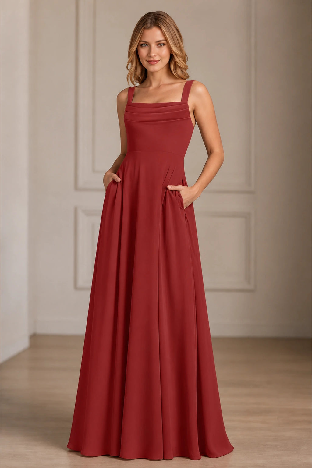 Refined A-Line Square-Neck Wide-Strap Sleeveless Zipper-Back Floor-Length Bridesmaid Dress