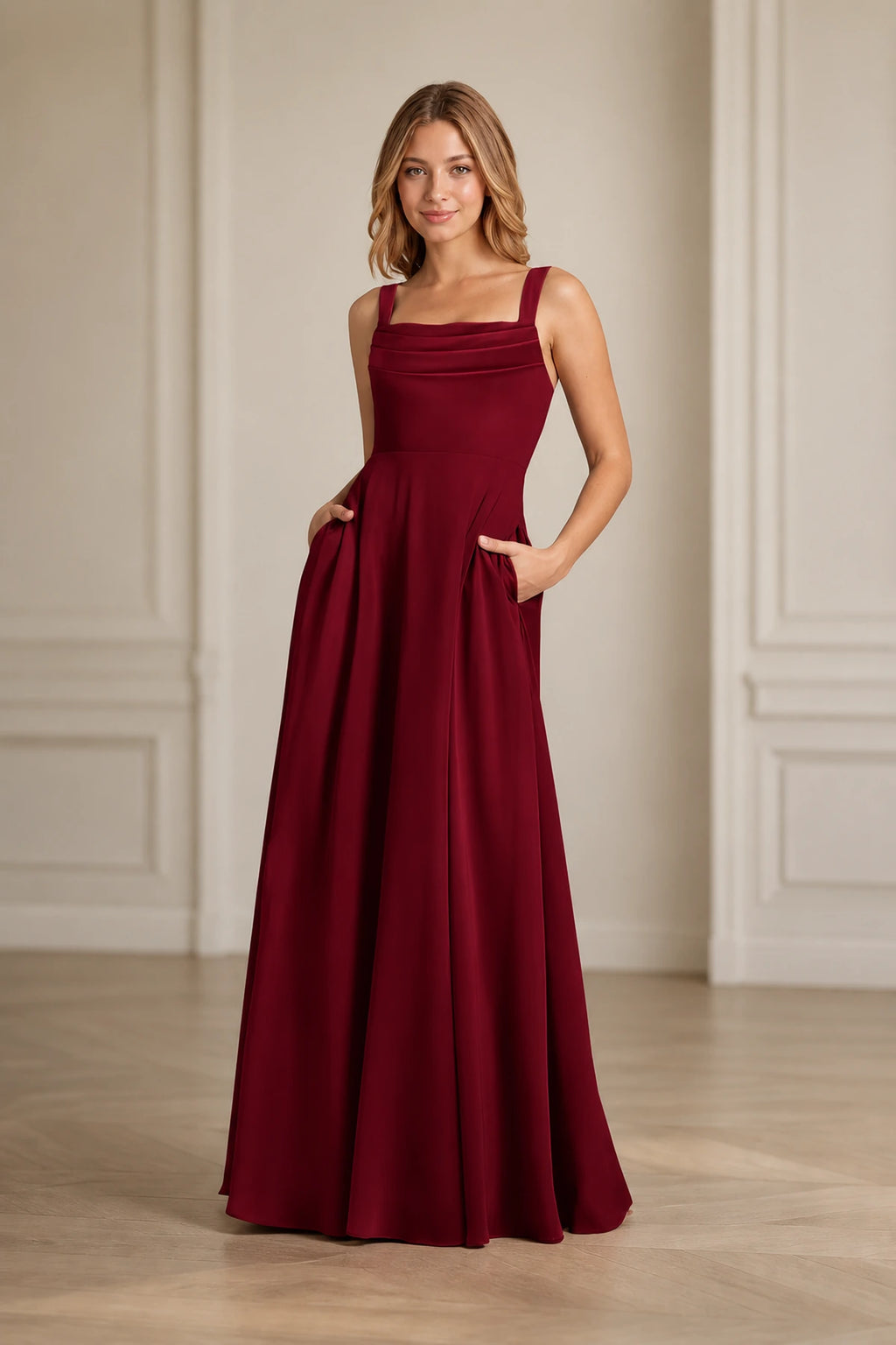 Refined A-Line Square-Neck Wide-Strap Sleeveless Zipper-Back Floor-Length Bridesmaid Dress