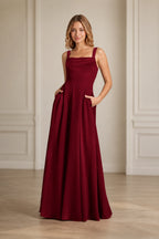 Refined A-Line Square-Neck Wide-Strap Sleeveless Zipper-Back Floor-Length Bridesmaid Dress