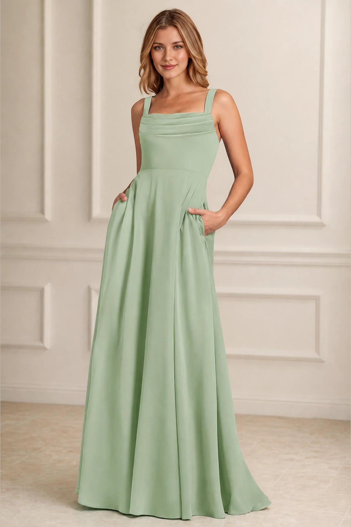 Refined A-Line Square-Neck Wide-Strap Sleeveless Zipper-Back Floor-Length Bridesmaid Dress