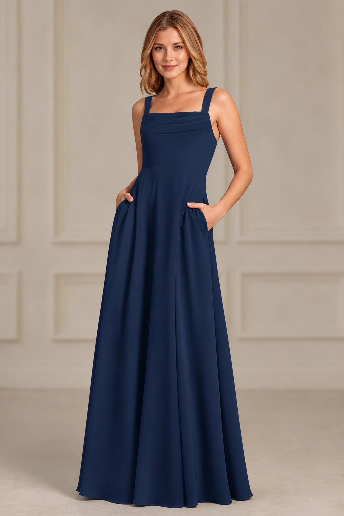 Refined A-Line Square-Neck Wide-Strap Sleeveless Zipper-Back Floor-Length Bridesmaid Dress