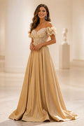graceprom champagne A-line wedding guest dress front view, off shoulder ruffle puff sleeves, fully beaded sweetheart bodice, flowy satin floor skirt