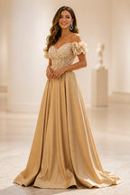 graceprom champagne A-line wedding guest dress front view, off shoulder ruffle puff sleeves, fully beaded sweetheart bodice, flowy satin floor skirt