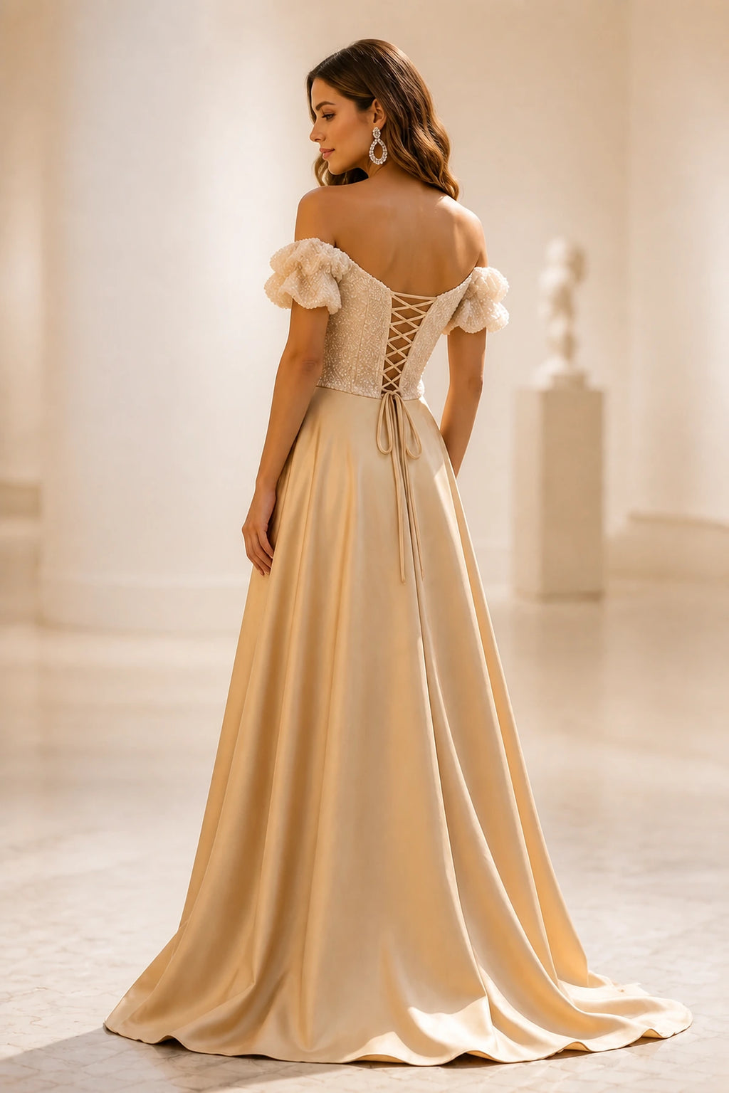 graceprom champagne A-line wedding guest dress back view, corset lace-up back, off shoulder ruffle sleeves, luxurious satin full skirt