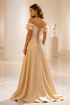 graceprom champagne A-line wedding guest dress back view, corset lace-up back, off shoulder ruffle sleeves, luxurious satin full skirt