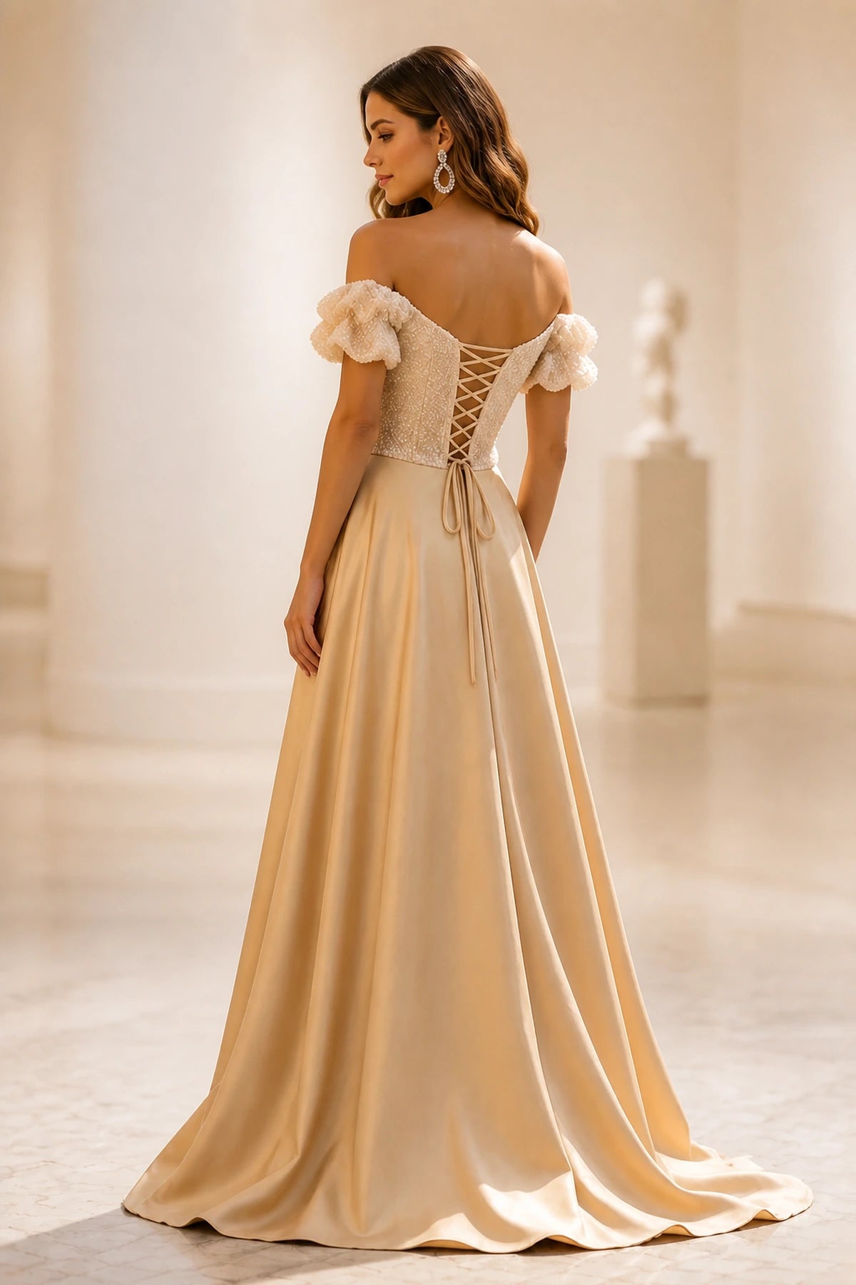 graceprom champagne A-line wedding guest dress back view, corset lace-up back, off shoulder ruffle sleeves, luxurious satin full skirt