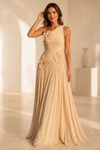 Graceprom champagne bridesmaid dress, one shoulder 3D floral A-line chiffon maxi gown for wedding party