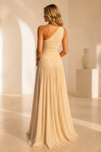 Graceprom champagne bridesmaid gown, one shoulder open back long chiffon dress back view