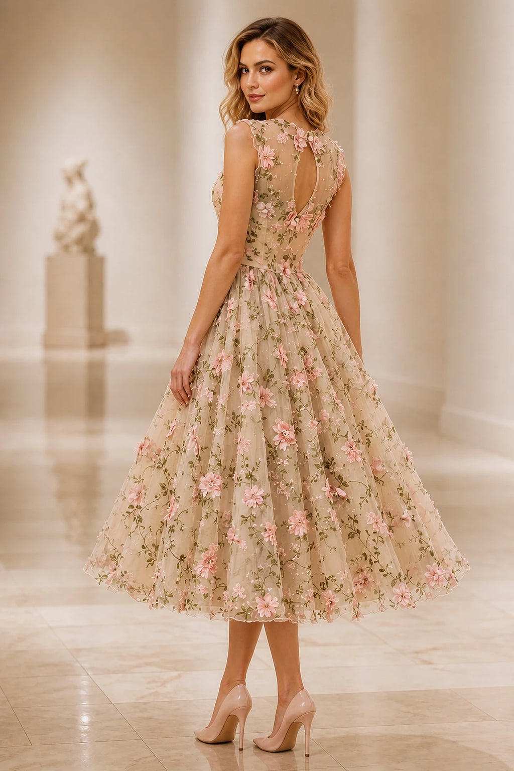 Back view of champagne floral keyhole midi wedding guest dress