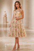 Champagne pink 3D floral A-line midi wedding guest dress