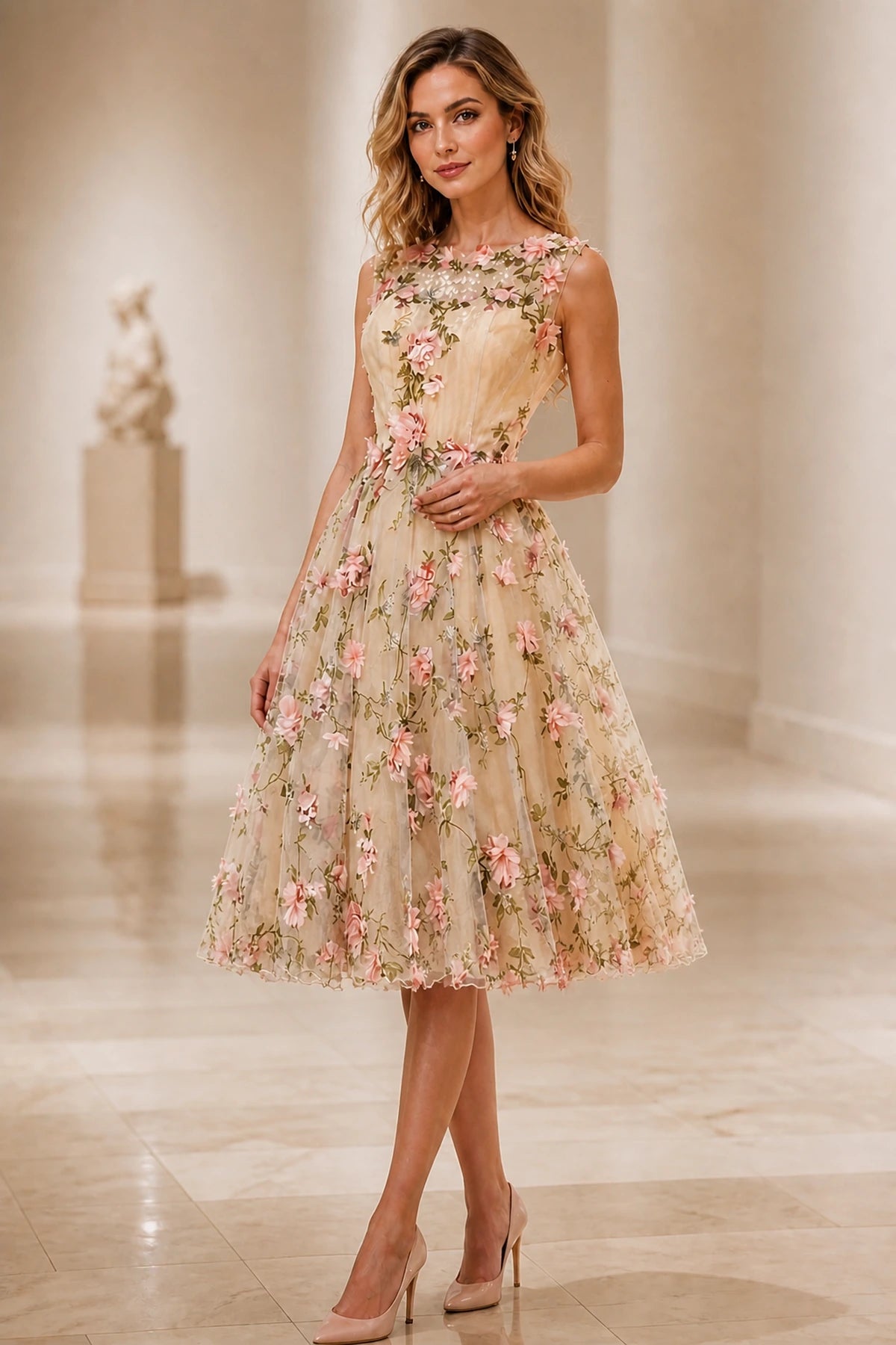 Champagne pink 3D floral A-line midi wedding guest dress