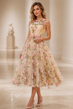Romantic A-Line Illusion Jewel Neck Sleeveless Keyhole Back Midi Wedding Guest Dress