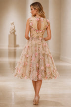 Romantic A-Line Illusion Jewel Neck Sleeveless Keyhole Back Midi Wedding Guest Dress