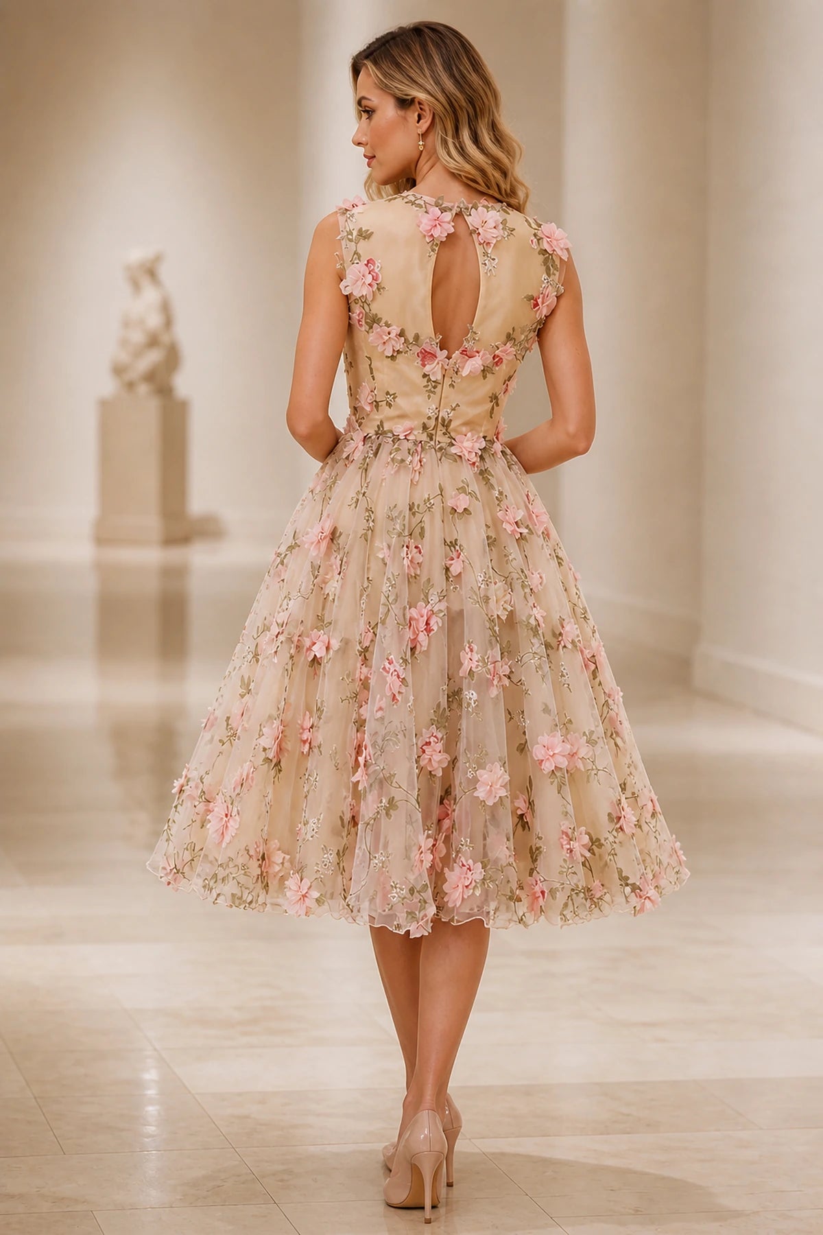 Romantic A-Line Illusion Jewel Neck Sleeveless Keyhole Back Midi Wedding Guest Dress