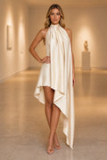 Graceprom champagne satin halter bridesmaid dress, sleeveless open back asymmetrical high low formal gown front view