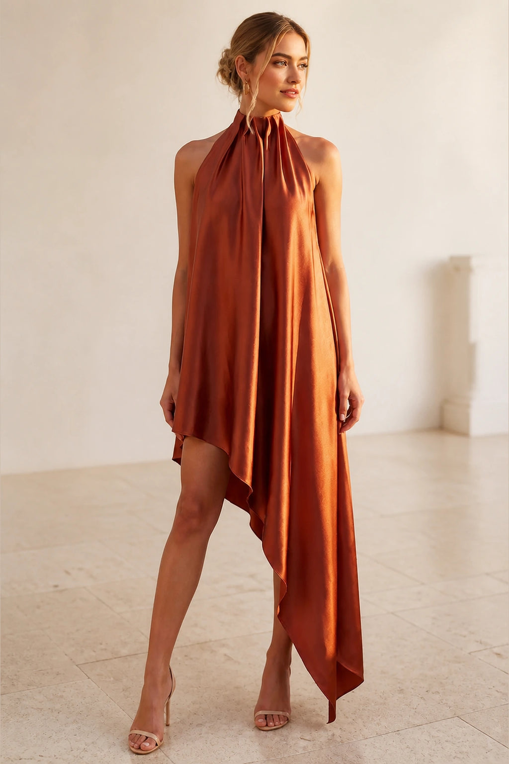 Chic flowy halter sleeveless open back high low bridesmaid dress