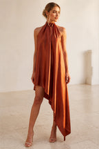 Chic flowy halter sleeveless open back high low bridesmaid dress