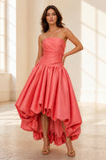 Graceprom coral satin strapless prom dress with ruched bodice and high-low ruffled bubble hem, front view