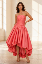 Graceprom coral satin strapless prom dress with ruched bodice and high-low ruffled bubble hem, front view
