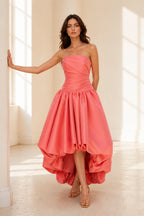 Coral Satin Strapless Sleeveless Zipper Back High‑Low Ruffled Prom Dress