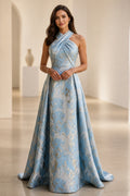 graceprom dusty blue A-line wedding guest dress front view, halter crisscross neck, metallic gold floral brocade, full floor-length skirt